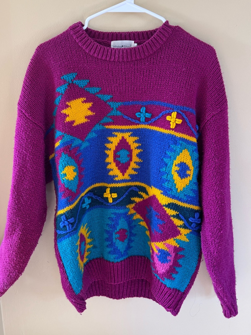White Stag Magenta Crewneck Sweater with Multicolor Aztec Motif